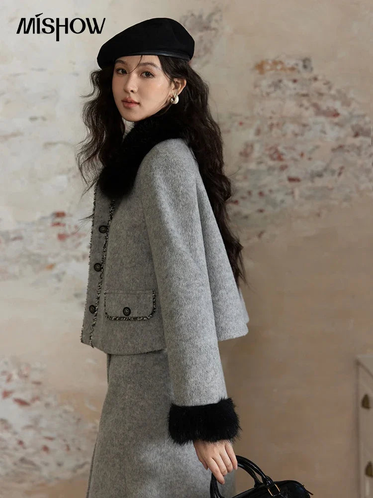 MISHOW Short Tweed Jacket Temperament Midi Skirts Separately Color Clash Lace Design Winter Skirt Thickened Coat MXD54W0553