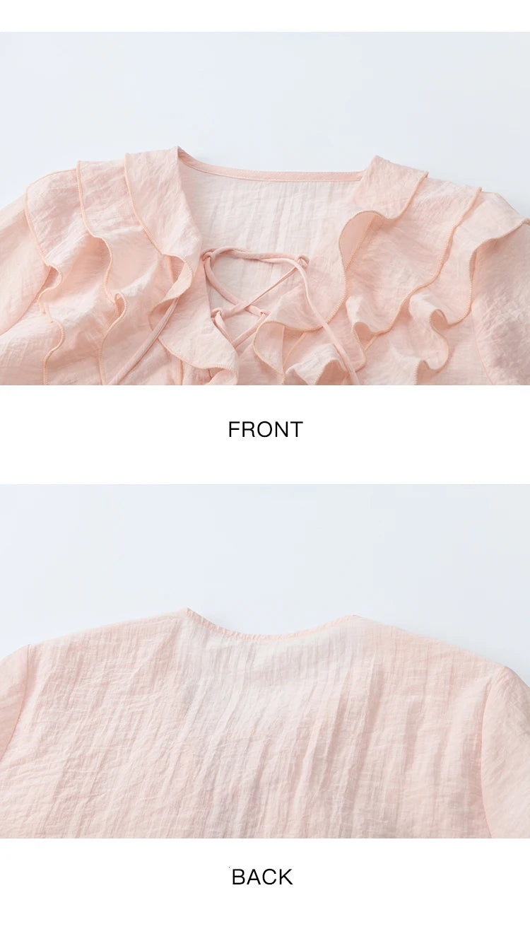 MISHOW Pink Ruffled Blouse for Woman 2025 Autumn New Elegant Sweet V-neck Lace-up Design Shirt Lantern Sleeves Top MXE49X2504