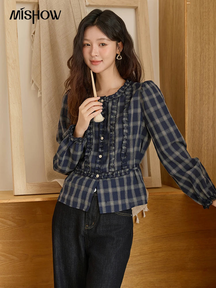 MISHOW Women's Vintage Blue Plaid Shirt 2025 Autumn New Elegant Luxury Loose Waist Shirts Round Neck Long Sleeved Top MXE45X2480