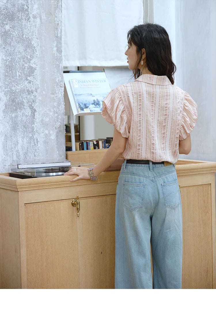 MISHOW Pink Turn-down Collar Flower Bud Sleeve Shirt for Women 2025 Summer New Women's Clothing Button Striped Shirt MXD24C0204