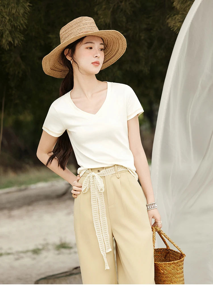 MISHOW Cotton Casual T-shirts Women New 2025 Short Sleeve V-neck Solid Versatile Shirt Female Fashion Basic Tops Lady MXE33T0519