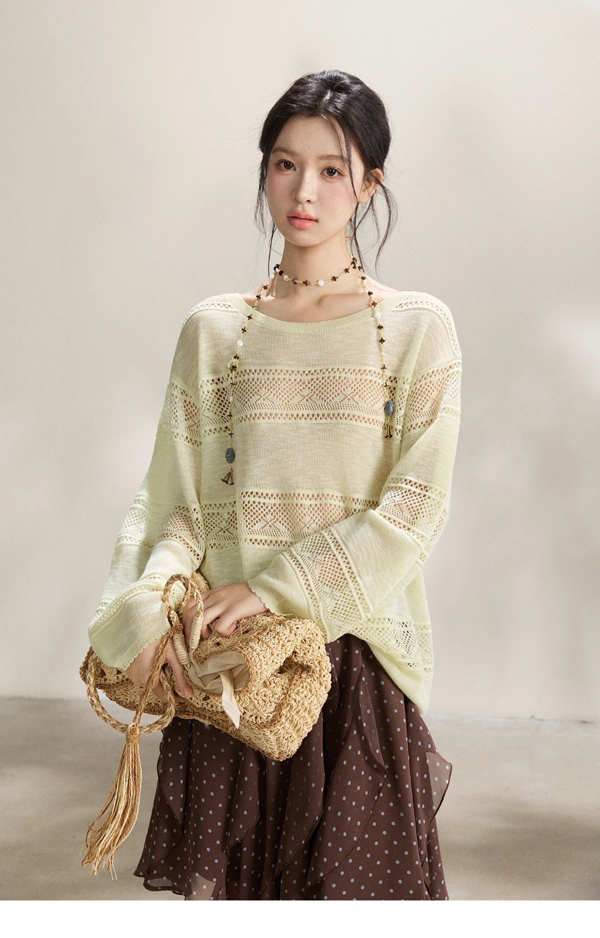 MISHOW Women's Pale Yellow Knit Top 2026 Spring Crew Neck Hollow Out Striped thin tops Casual Loose Sheer Sweater MXF13Z3020