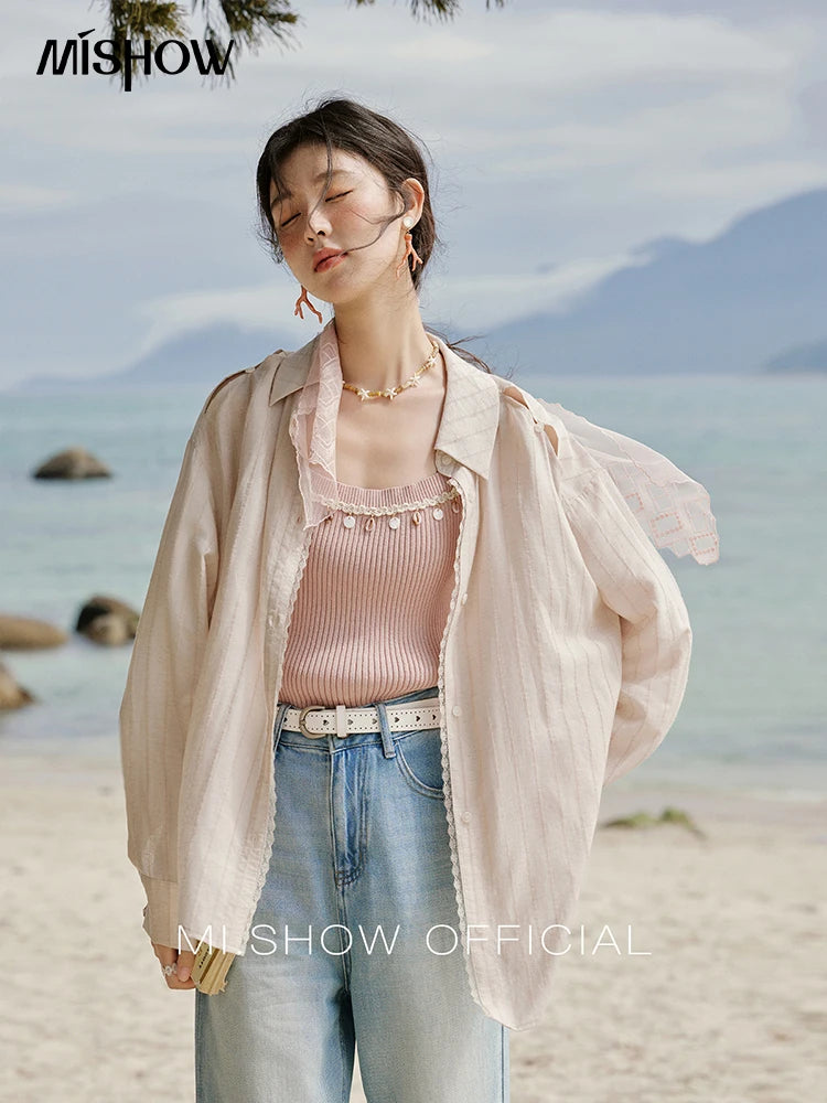 MISHOW Office Lady Summer Blouses Women 2025 New Striped Long Sleeve Turn-down Collar Shirt Female Fashion Loose Tops MXE33C0772