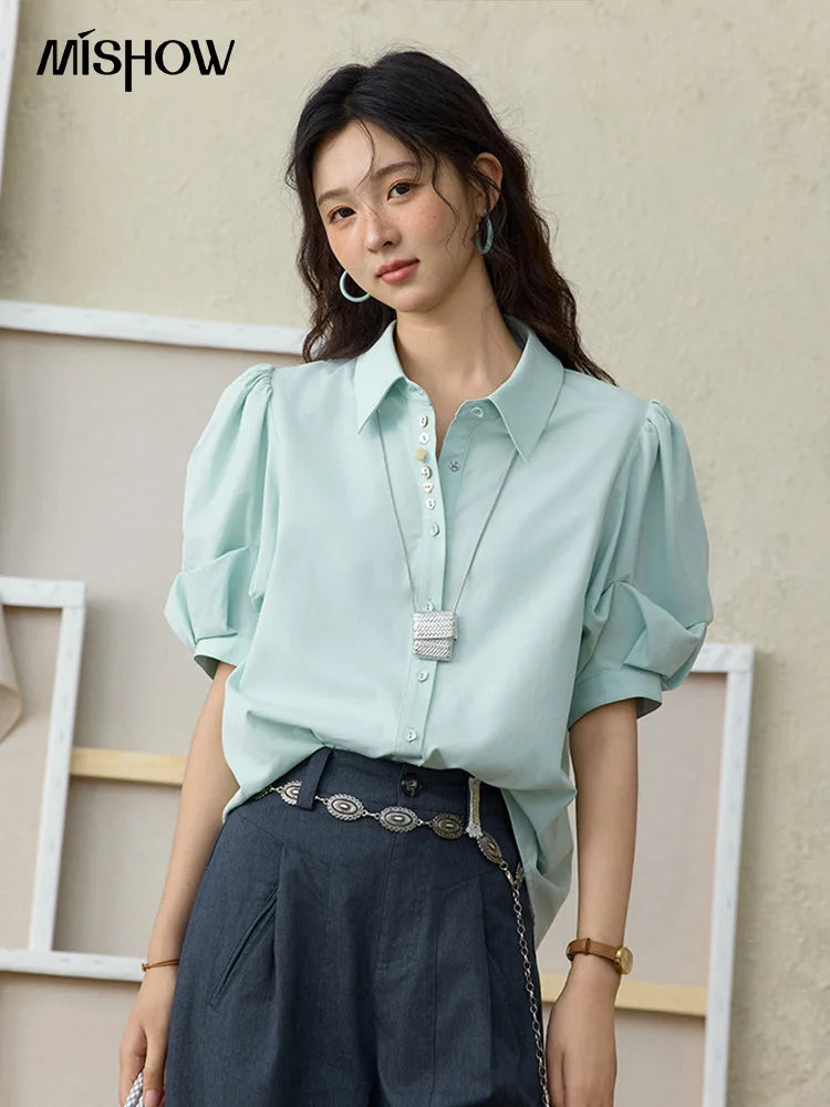 MISHOW Light Green Bubble Sleeve Shirt for Women Summer 2025 Lapel Collar Irregular Button Shirts Cotton Commuter Top MXE34C0788