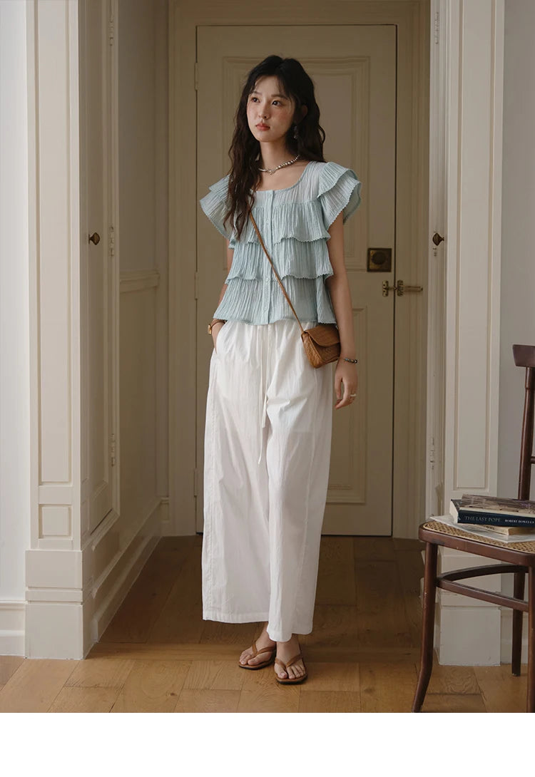 MISHOW Butterfly Sleeve Chiffon Shirt Women's 2025 Summer New Women's Clothing Retro Square Neck Button Casual Shirt MXD30X1488