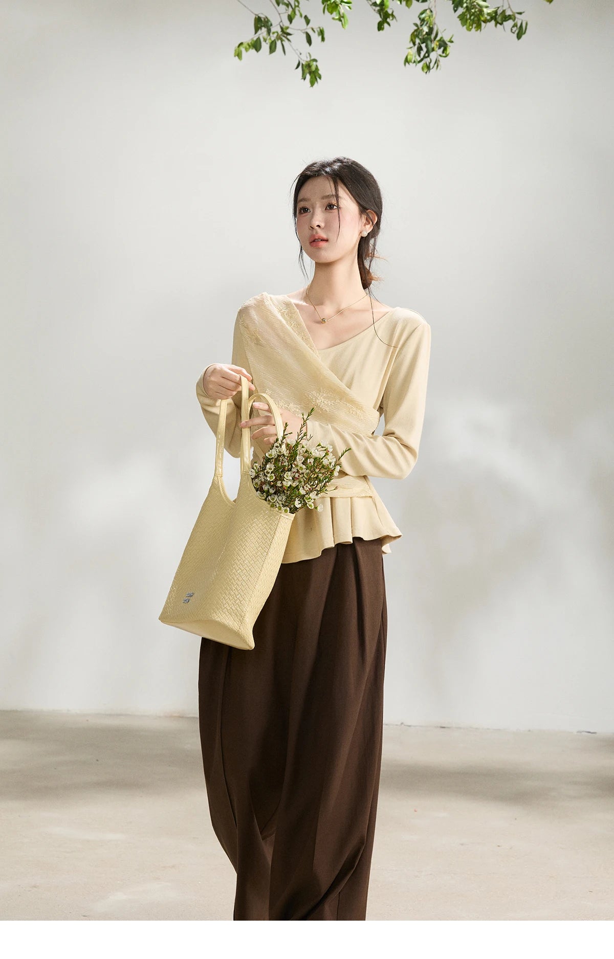 MISHOW Women's Asymmetric Lace Patchwork Tops 2026 Spring V Neck Long Sleeve Top Ruched Waist Ruffled Hem Casual Tees MXF11Z2942