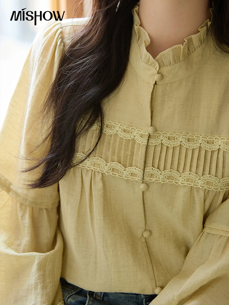MISHOW Light Yellow Linen Solid Shirt 2025 Autumn Splicing Lace Hollow Sleeves Shirts Stand Collar Top Office Lady MXE42X1976