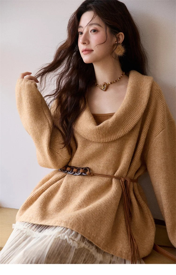 MISHOW Women's Orange Sweater 2025 Winter French Style Luxury Loose Long-sleeved Sweater Vest Belt Three-piece Set MXE86T1437