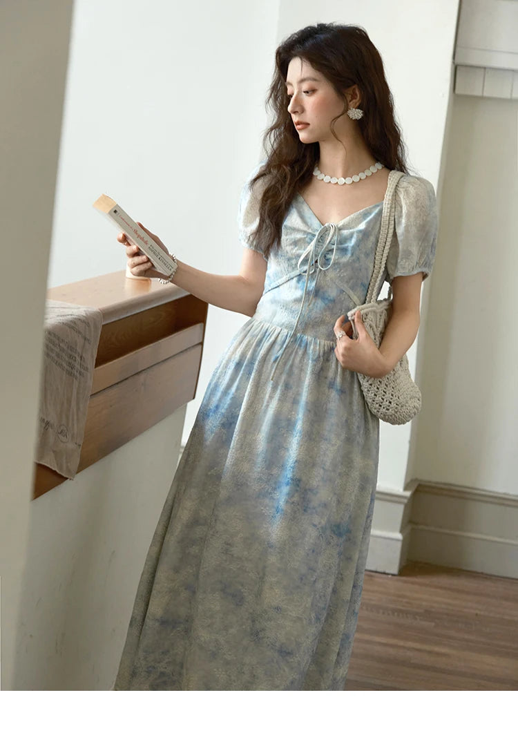 MISHOW Women's Fashion V-neck Lace Up French Dress 2025 Summer Puff Sleeve Embroidery Flower Dress Female Clothing MXE38L2379