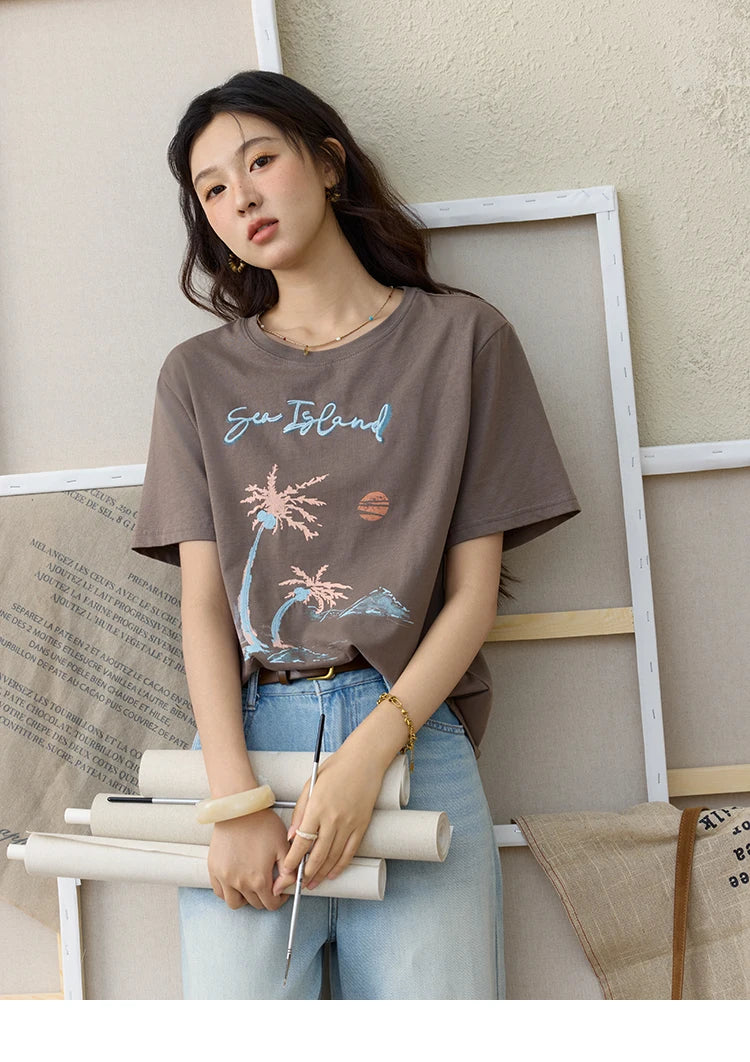 MISHOW Casual Print Shirts Women Summer New 2025 Short Sleeve Round Neck Loose Pure Cotton T-shirt Female Fashion MXE31T0533