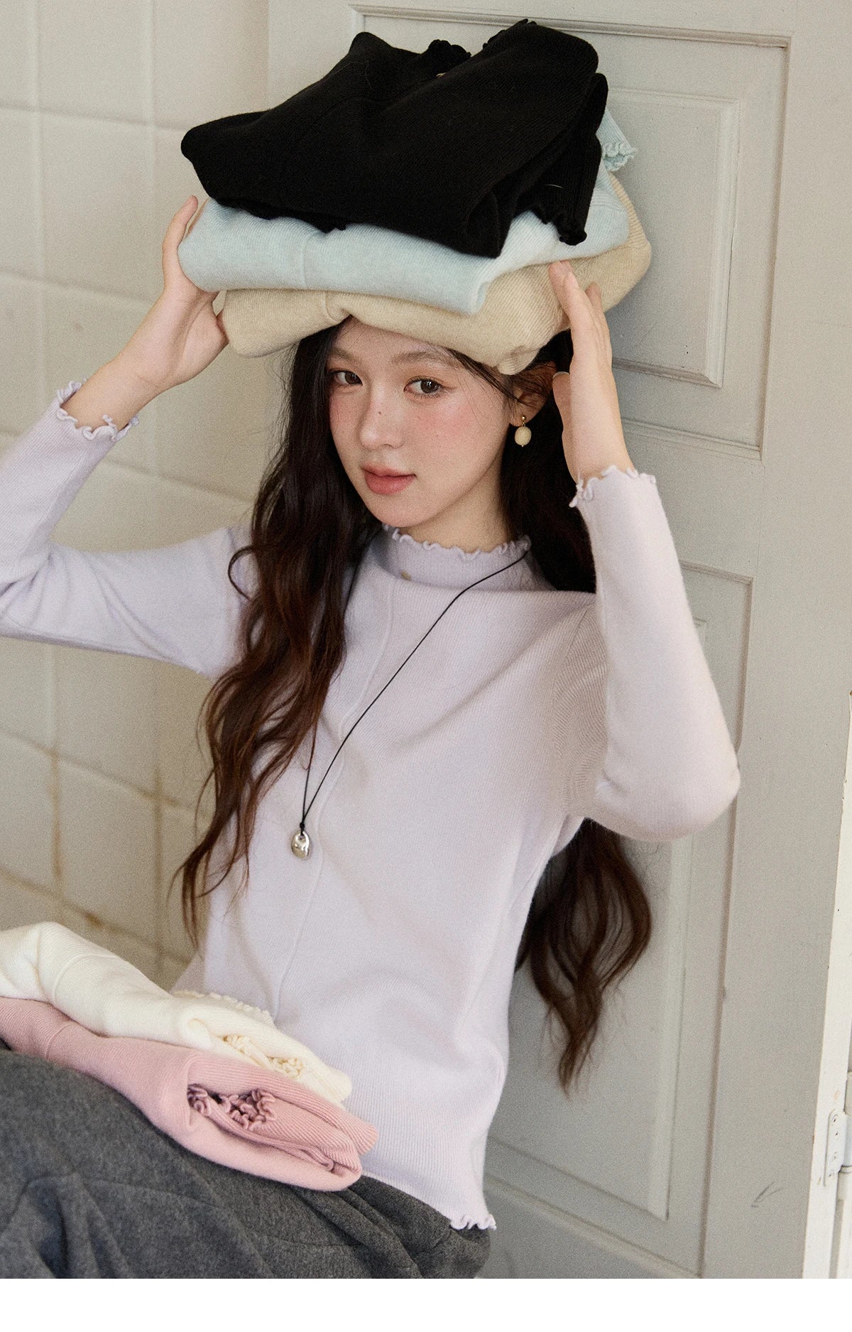 MISHOW Women's Knitted Long-Sleeved Top 2025 Winter Solid Slim Fit Ruffled Turtleneck Sweater Warm Soft Commuting Top MXE91Z2826