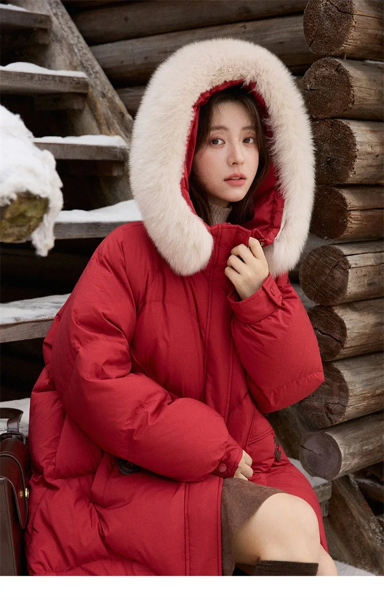 MISHOW Fox Fur Collar Down Jacket for Women 2025 Winter Fashion 90% White Duck Down Thickened Coat Warm Long Coat MXE51Y0082