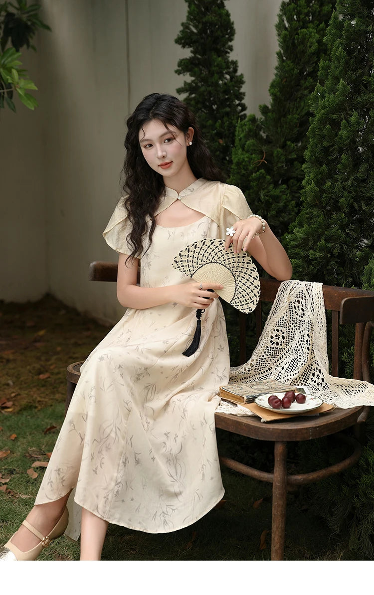 MISHOW Chinese Improved Cheongsam Floral Dress for Women 2024 Summer Hollow Out Fake Two-piece Printed Chiffon Dress MXD23L1799