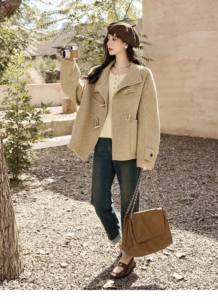 MISHOW Reversible Wool Velvet Coat Cow Horn Button Lapel Coat 2024 Winter Fashion Luxury Senior Korean Tweed Jacket MXD44W0446