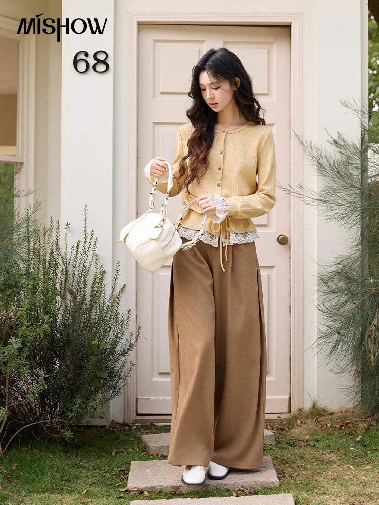 MISHOW Women's Yellow Ribbed Cardigan Spring Lace Trim Drawstring Waist Thin Knitted Sweater Long Sleeve Casual Top MXF11Z2919