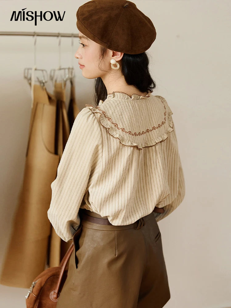 MISHOW Striped Shirt for Woman 2025 New Retro Wood Ear Edge Round Neck Embroidery Top Korean Popular Clothes Autumn MXE46X2492