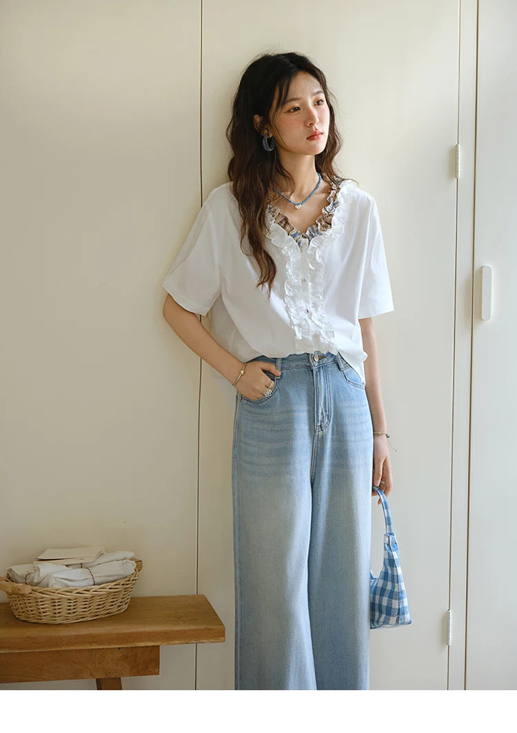 MISHOW Fashion V-neck Shirt for Women Summer 2025 Thin Short Sleeve Patchwork Double Layer Fungus Edge Button Top MXE35X1793