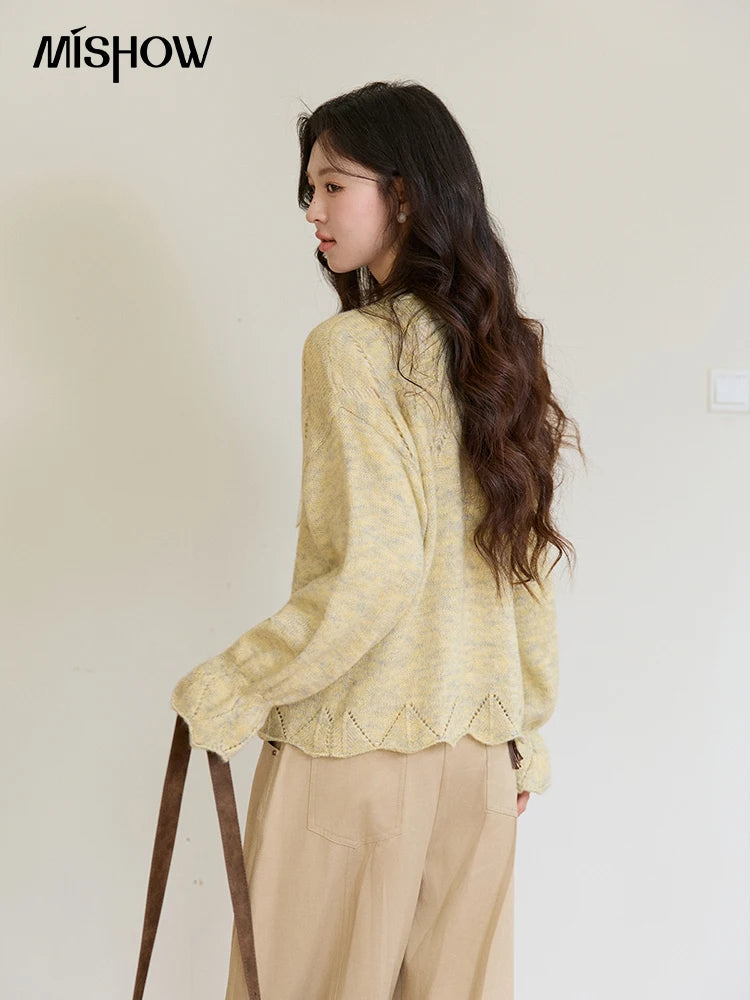 MISHOW Women's Marled Yellow Mohair Knit Cardigan 2026 Spring V-Neck Flare Sleeve Cardigans Casual Loose Sweater MXF108Z1021