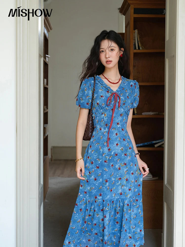 MISHOW Women's V-neck Lace Up Dress 2025 Summer New Female Fashion Puff Sleeve Chiffon Print Dresses Ladies Clothing MXE39L2401