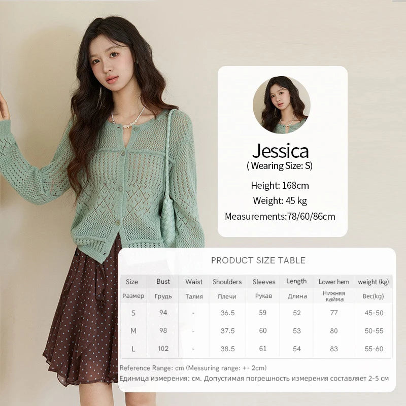 MISHOW Women's Mint Green Knitted Cardigan 2026 Spring Crew Neck Hollow Out Thin Tops Casual Loose Sheer Sweater MXF108Z1046