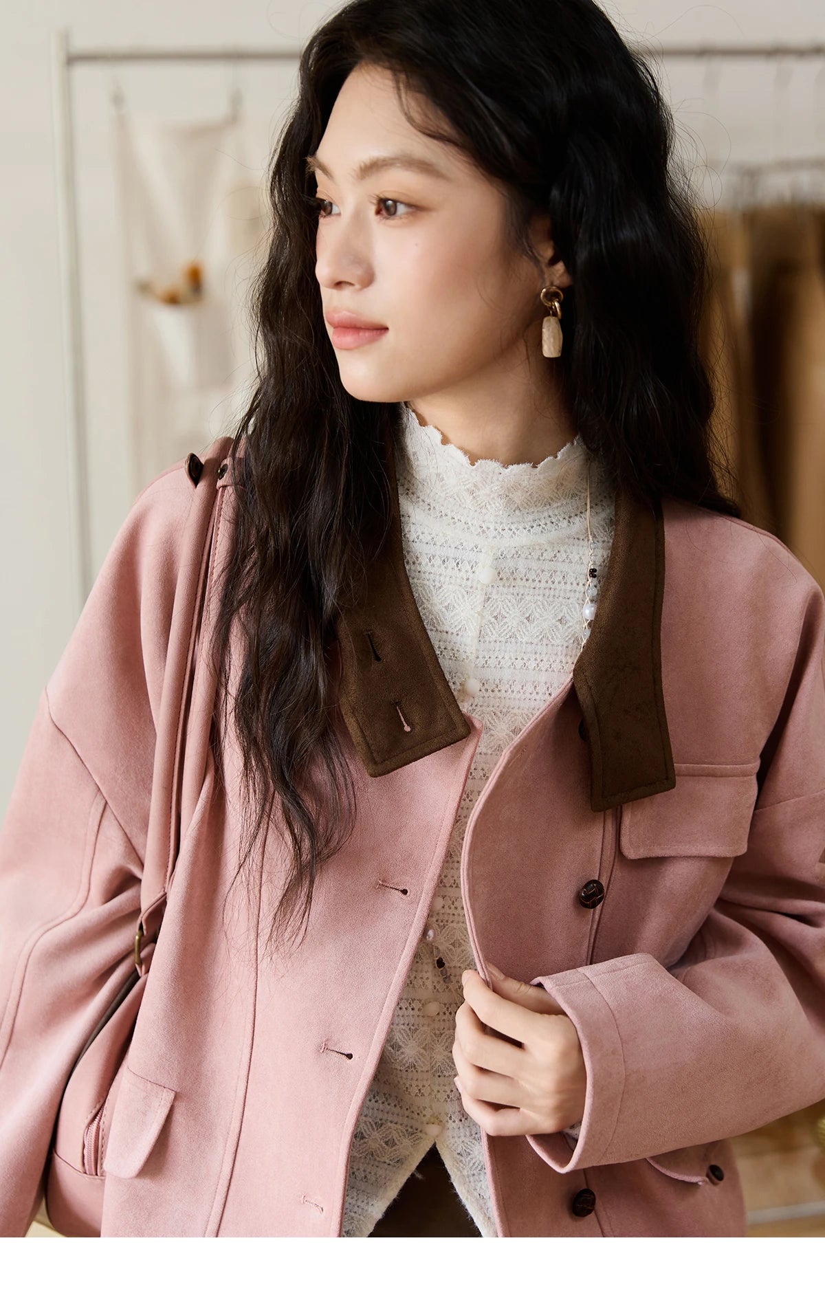 MISHOW Woman Jacket 2025 Autumn French Style Pink Coffee Suede Jacket Contrast Color Stand Collar Loose Short Coat MXE48W0851