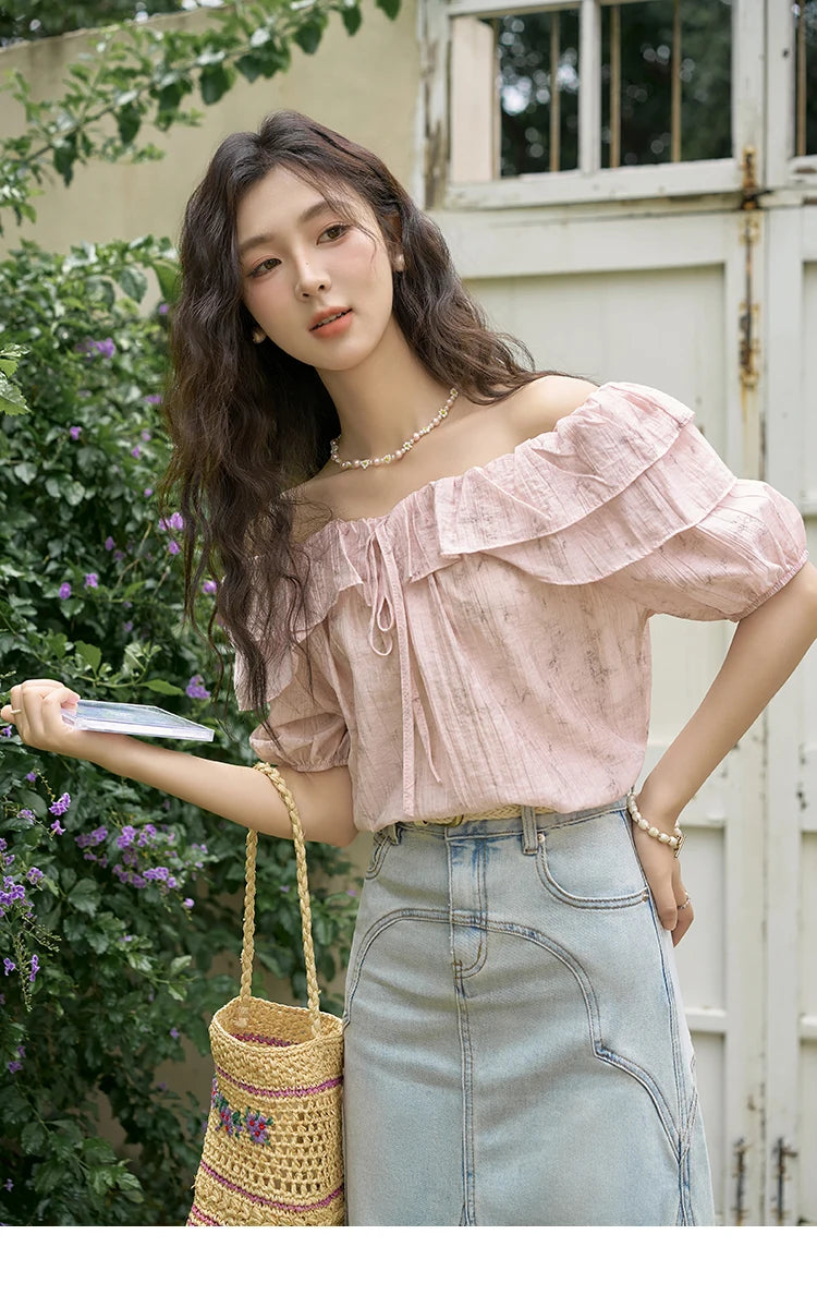 MISHOW French Retro Floral Short Sleeve Blouses Summer 2025 Loose One Line Shoulder Ruffled Edge Lace Up Sweet Top MXD25X1520
