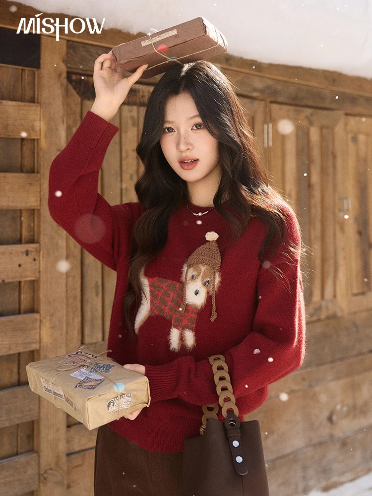 MISHOW New Year Women's Red Knitted Sweater 2025 Autumn Winter Dog Pattern Crew Neck sweaters Warm Loose Pullover Top MXE93Z2811