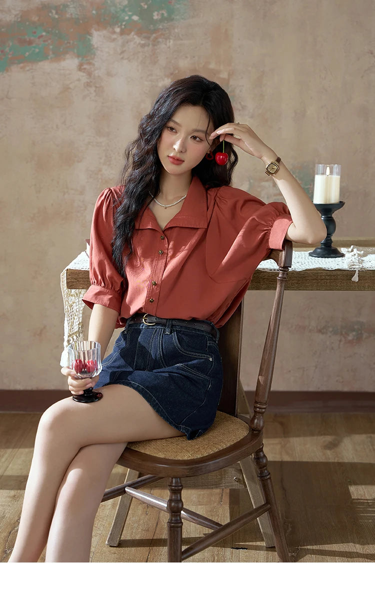 MISHOW Women's Short Sleeve Shirt Summer Thin Casual Simple Loose Elegant Blouses for Women 2024 Fashion Lapel Tops MXD28C0247