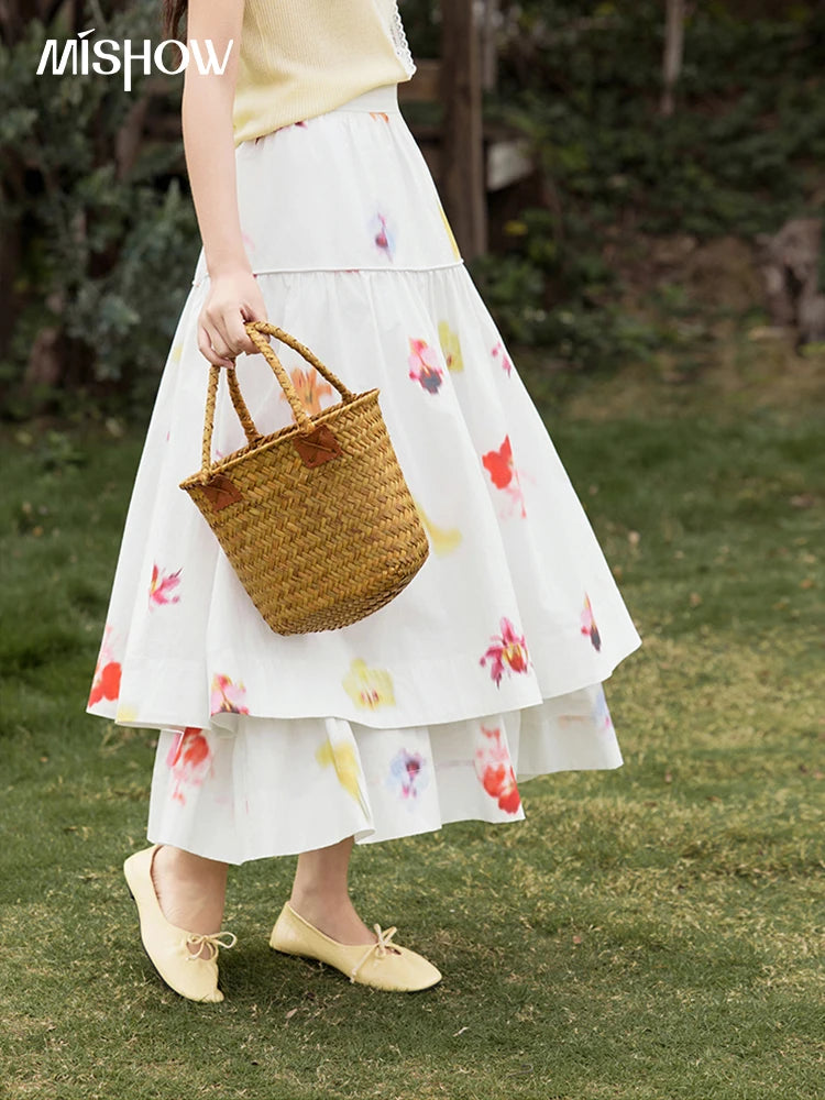 MISHOW Korean Summer Skirt Women New 2025 White Background Flower Cotton High Waist Skirts Female Fashion Slimming MXE32B0720