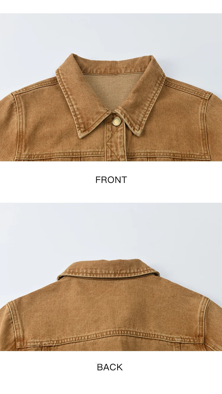 MISHOW Light Brown Vintage Denim Jacket for Women 2025 Autumn Embroidered Pockets Dropped Sleeve Retro Loose Jacket MXE41W0795