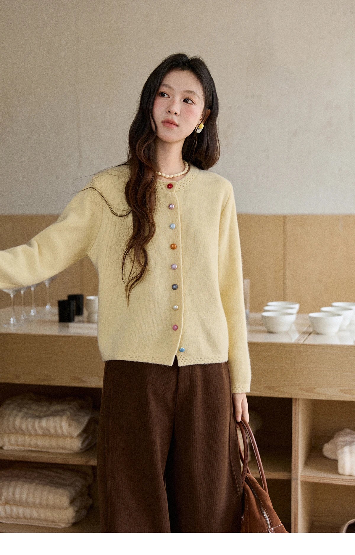 MISHOW Women's Cardigan 2025 Slim Fit Hollow Out Round Neck Rainbow Button Sweater French Style Solid Warm Knitwear MXE90Z2796