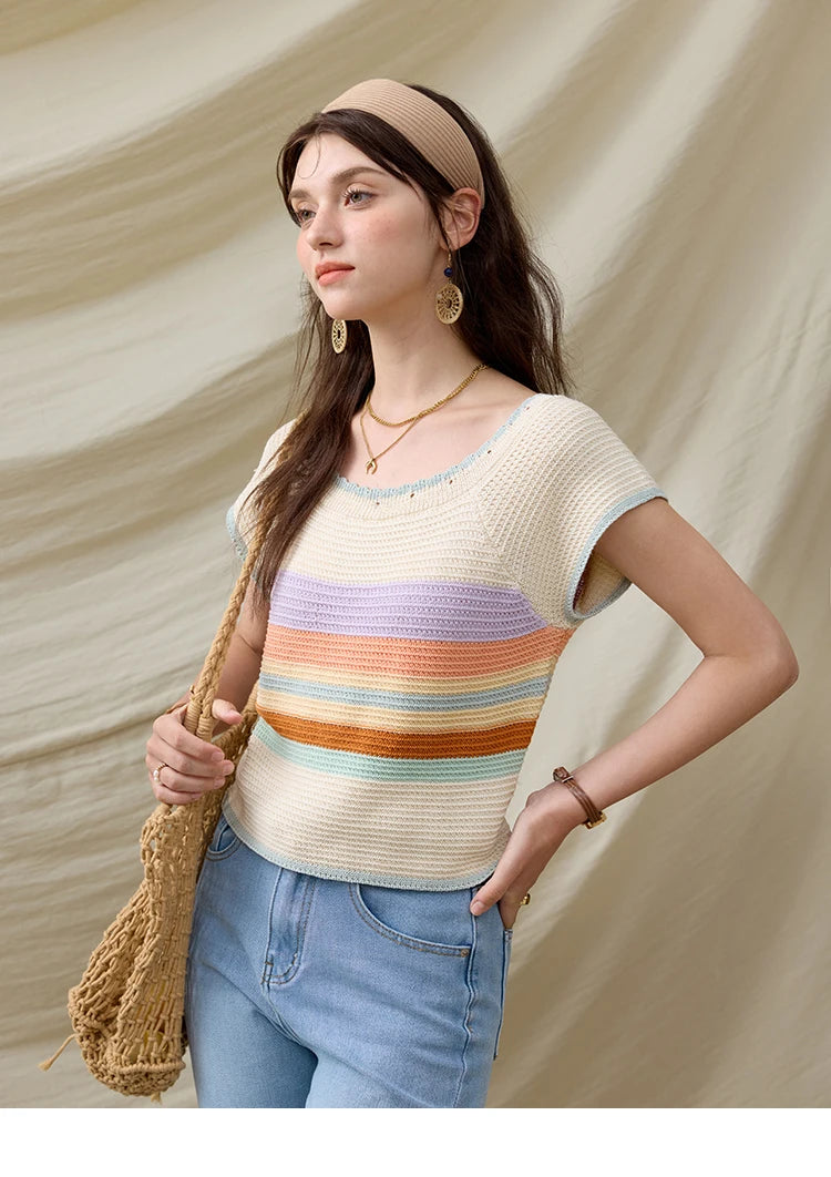 MISHOW Casual Stripe Knitted Pullover Women Summer New 2025 Short Sleeve Round Neck Slimming Tops Female Office Lady MXE31Z1222
