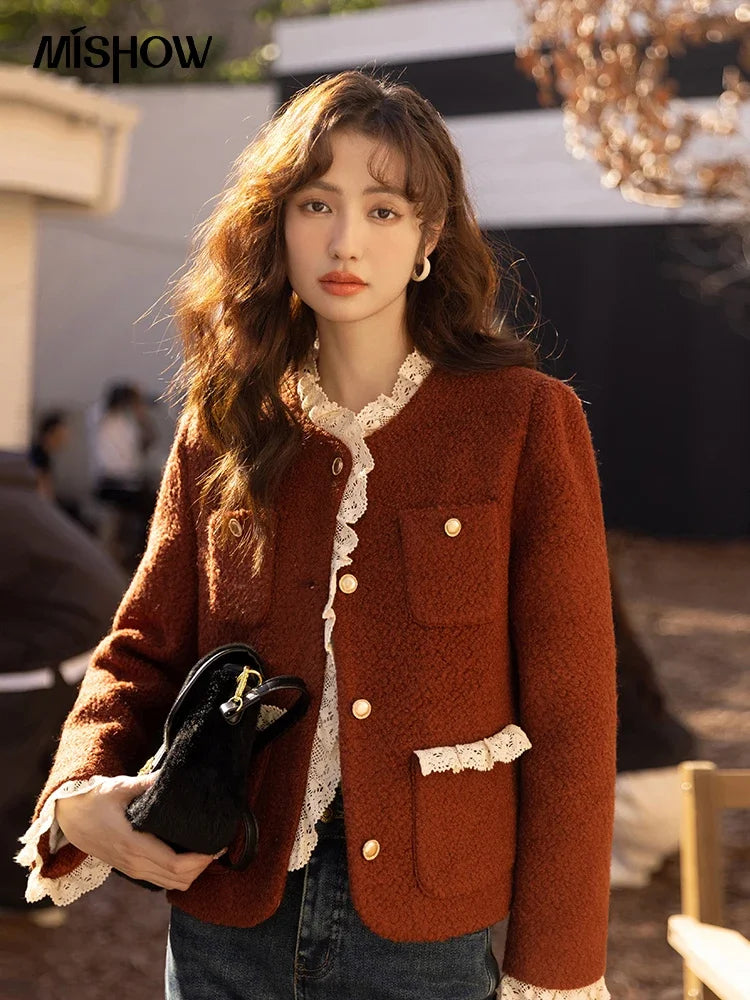 MISHOW Wool Coat for Women Winter Korean Retro Lace Splicing Lamb Wool Button Pockets Thickened Warm Female Coat MXB43W0720