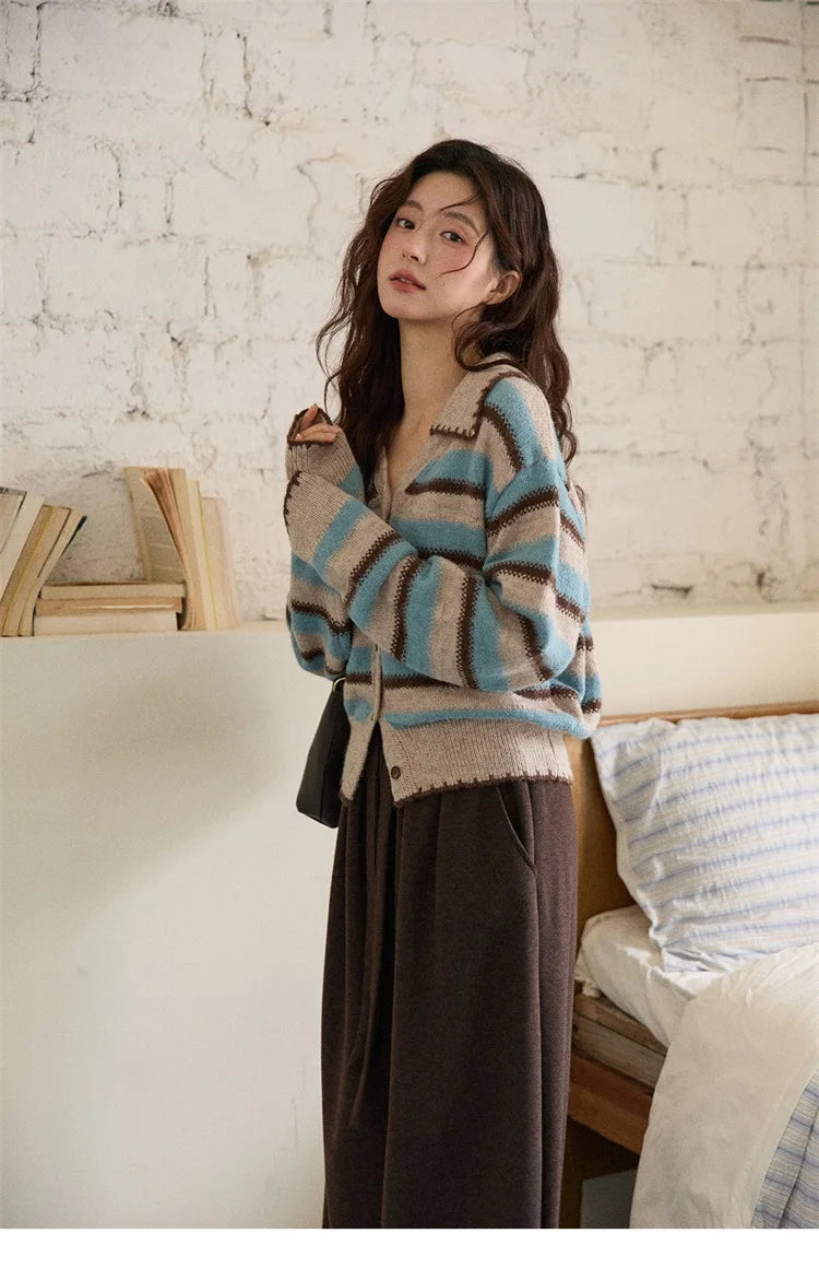 MISHOW Striped Cardigan for Women 2025 Winter Retro Unique Design V-neck Single-breasted Sweater Wool Long Sleeve Top MXE87Z2681