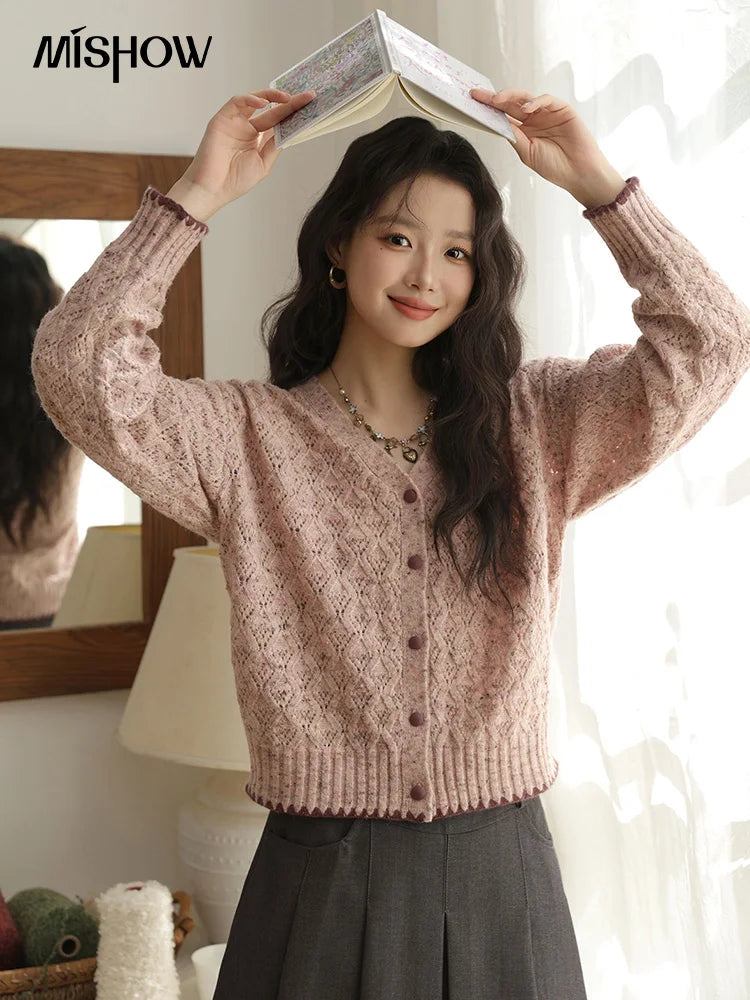 MISHOW Colorful Dot Wool Knitted Cardigan 2025 Autumn Hem Cuffs Shell Embroidery Tops Hollow Argyle Pattern Sweater MXE44Z1364