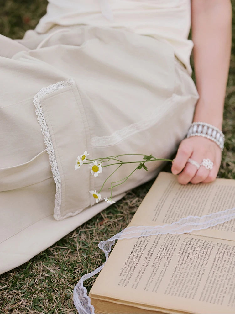 MISHOW Apricot Cargo Pants for Women in Summer 2025 Lace Patchwork Casual Pants Drawstring Elastic Waisted Trousers MXE33K0935