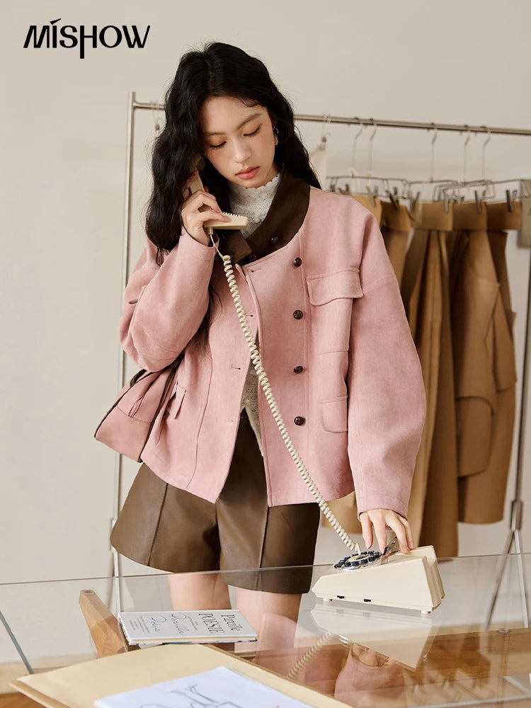 MISHOW Woman Jacket 2025 Autumn French Style Pink Coffee Suede Jacket Contrast Color Stand Collar Loose Short Coat MXE48W0851