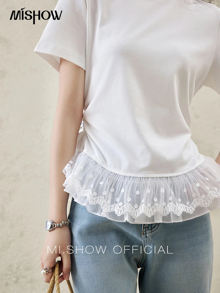 MISHOW Lace Hem Splicing T-shirt for Women Spring/summer 2025 Round Neck Versatile Top Streetwear Solid Casual Tees MXE31T0528