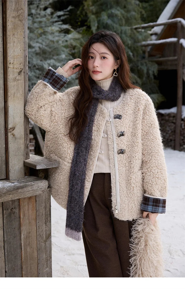 MISHOW Plaid Patchwork Curly Lambswool Coat Winter 2025 Women's Fashion Coat Double-Front Retro Casual Loose Jacket MXE87W0939