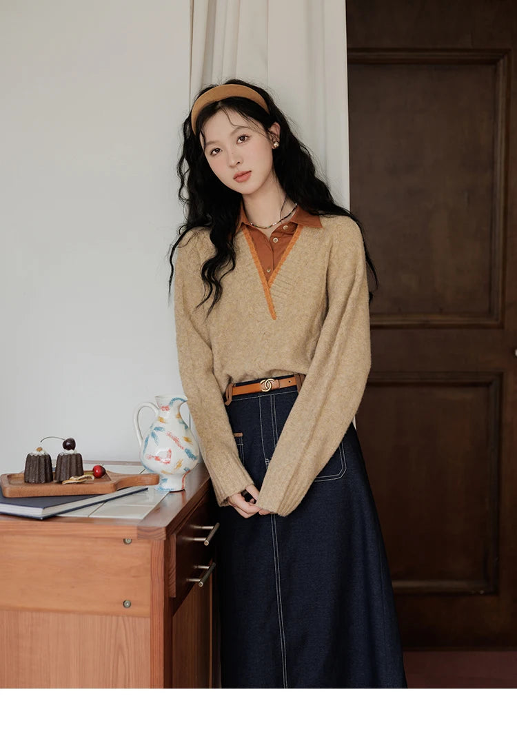 MISHOW Vintage Sweater False Two-piece Sweet Fashion V-neck Knitwear 2024 Fall New Vintage Versatile Sweater Tops MXD42Z0695