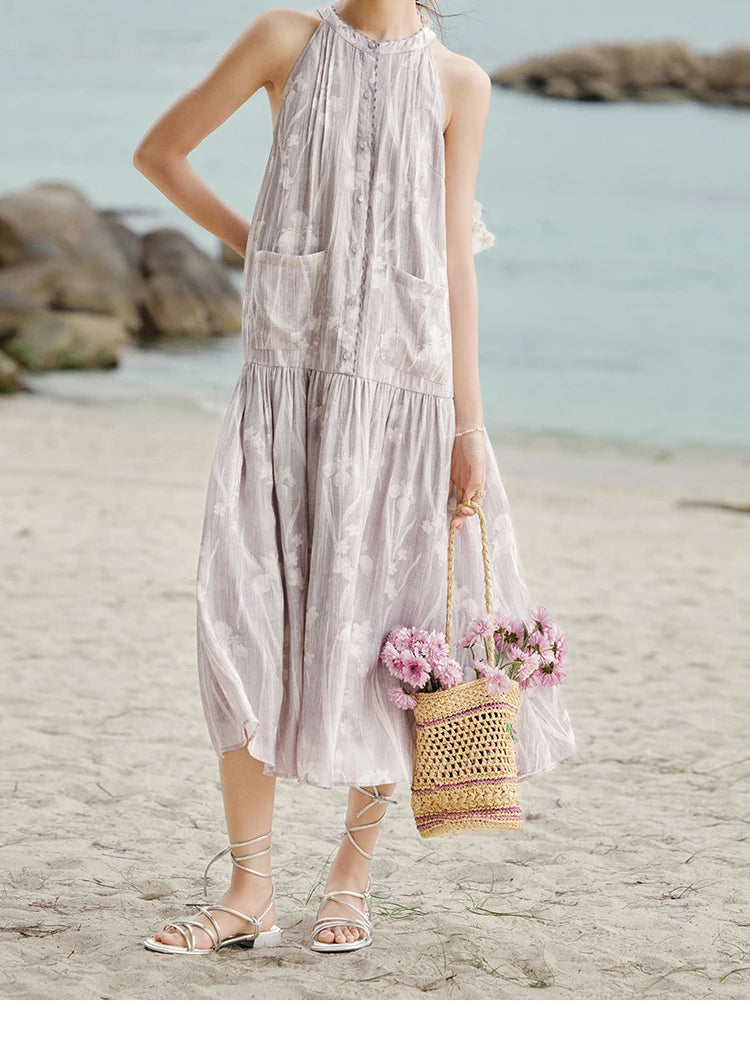 MISHOW Purple Print Chiffon Holiday Dress Women 2025 Summer Sleeveless Stand Collar Slim Dresses Woman New Fashion MXE32L2163