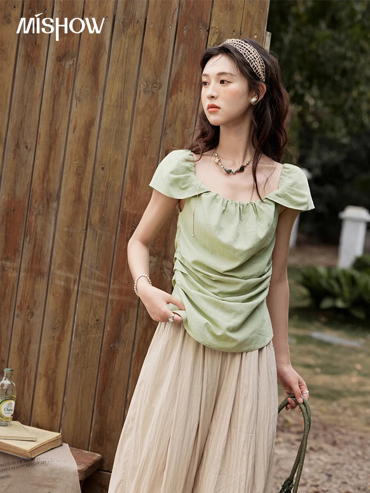 MISHOW French Summer Shirt Women 2025 New Short Flying Sleeve Square Collar Solid Slimming Blouses Female Versatile MXE34X1804