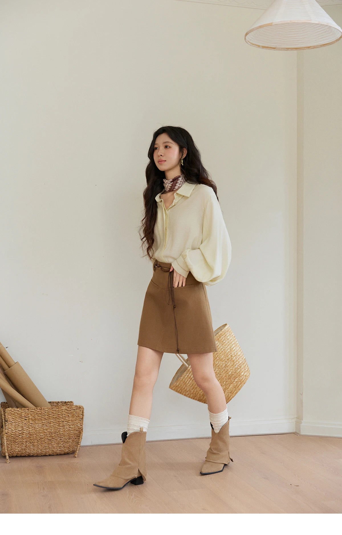 MISHOW Women's Lapel Lantern Sleeve Shirts 2026 Spring Lace Trim Casual Loose Breathable Solid Shirt Office Lady MXF13C2436