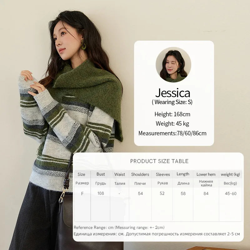 MISHOW Women's Wool Blend Retro Striped Sweater with Scarf Set 2025 Winter Knitted Round Neck Warm Loose Sweaters MXE94Z2987