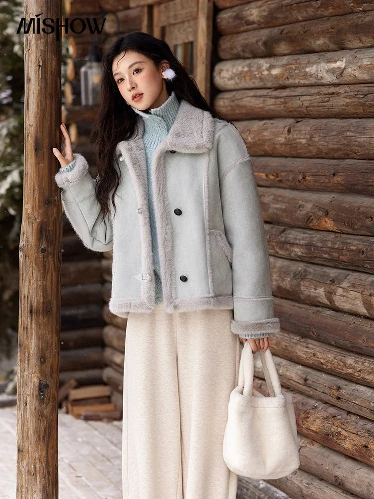 MISHOW Leather Fur Coat Fur Collar with Bag Women Winter Clothes Suede Plush Jacket Pocket Soft Thickened Warm Tops MXD57W0737