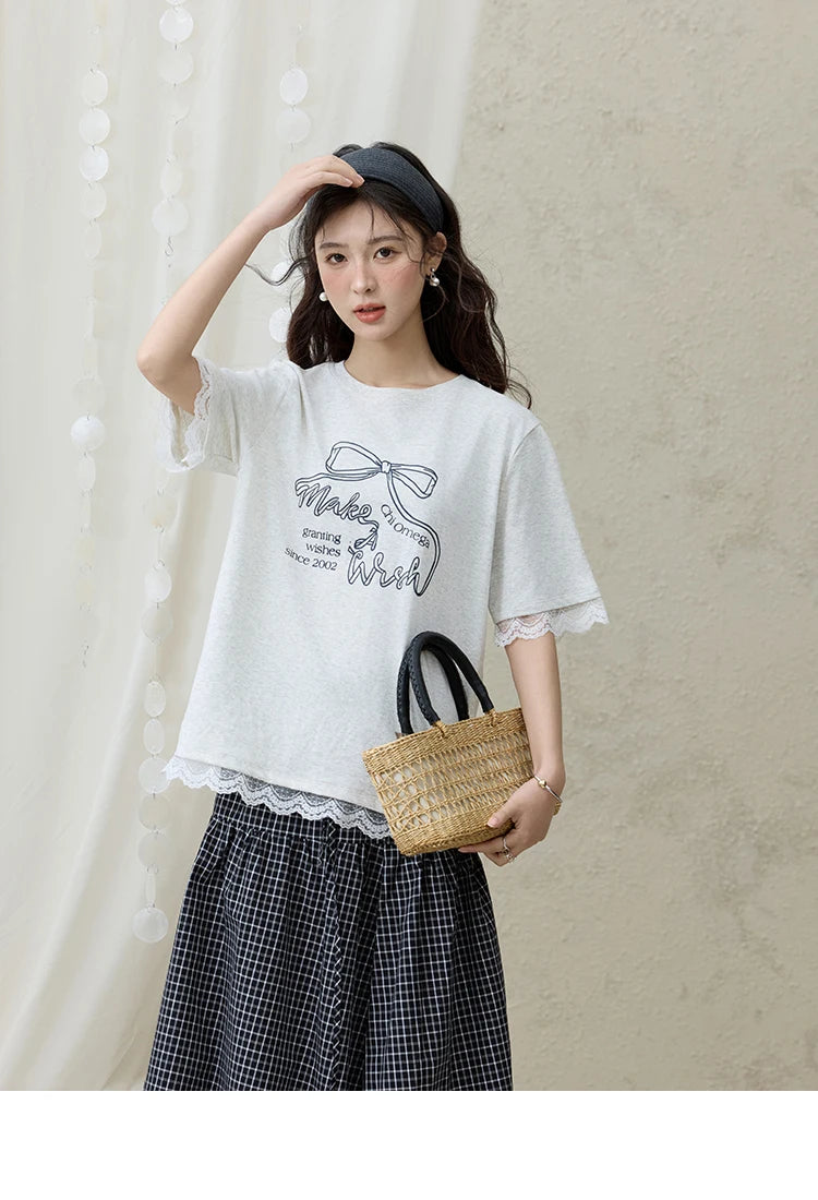Mishow Print Lace Bow Detail Tee MXE32T0554
