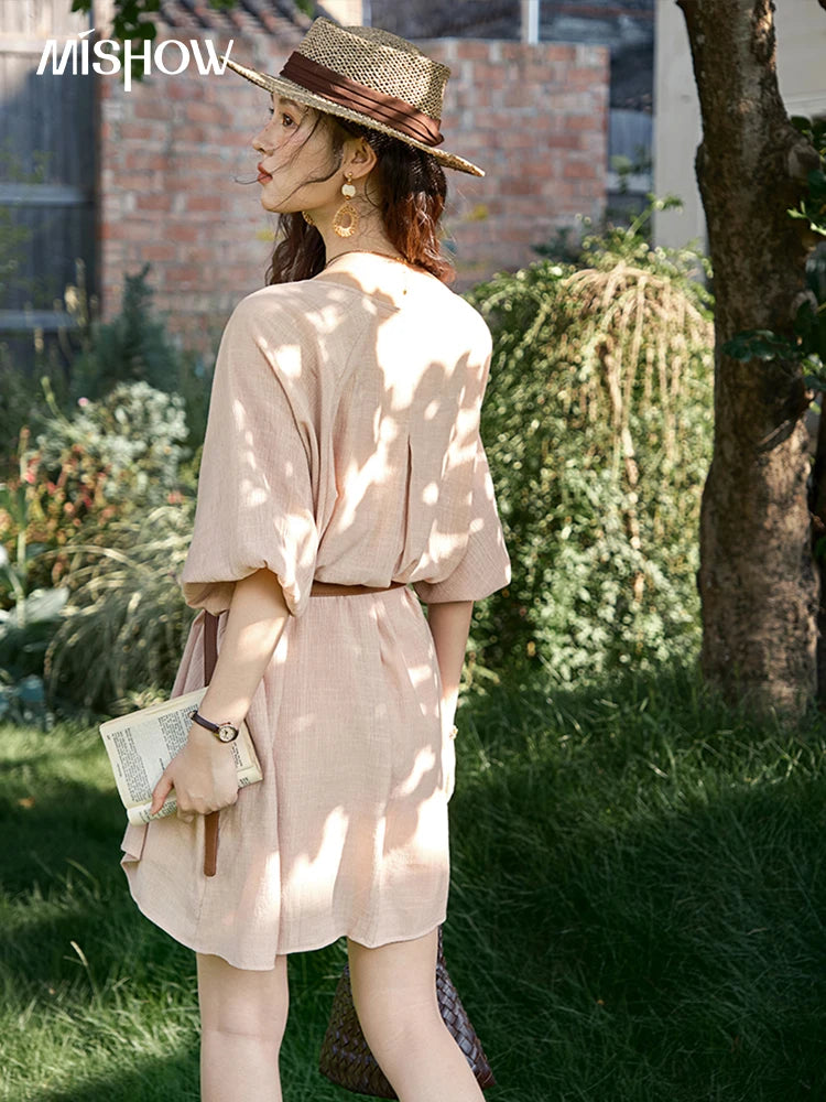 MISHOW French Retro Midi Length Sleeves Dress Summer O-neck Single Breasted Dresses Casual Tea Break Dress with Belt MXE39L2409