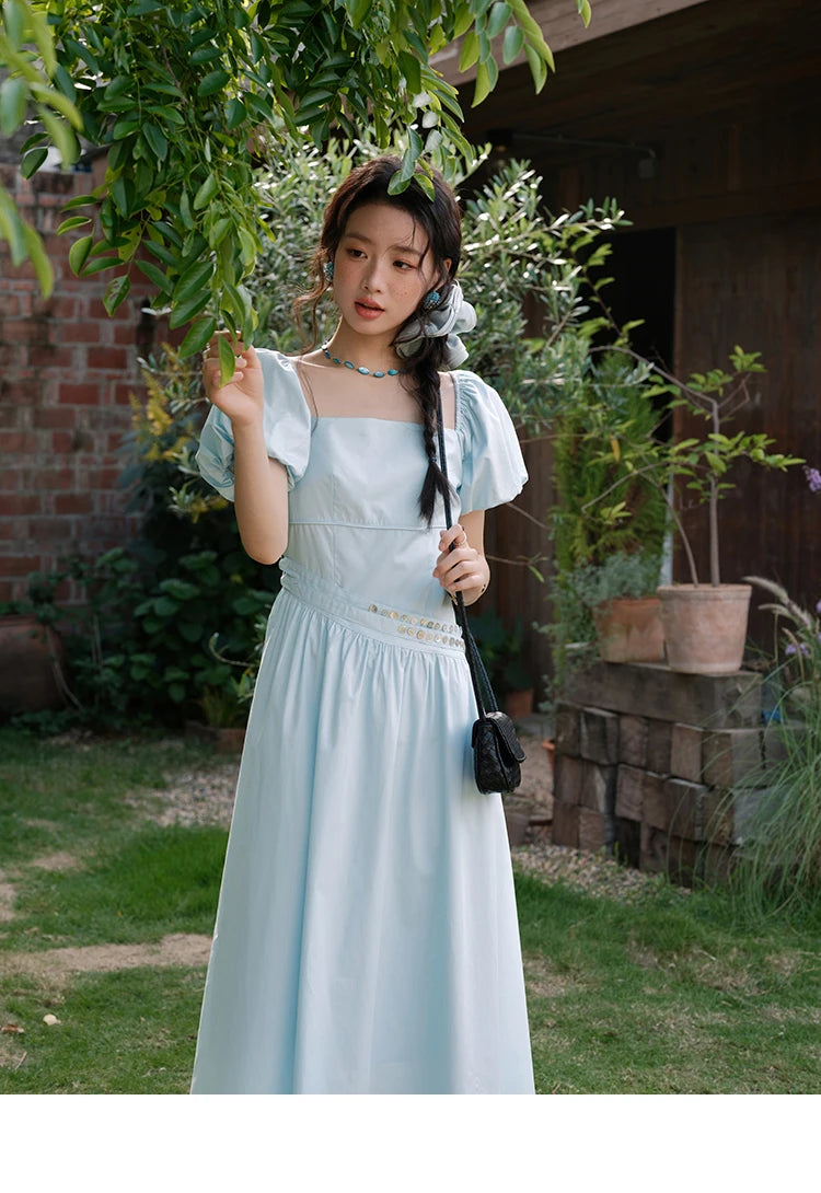 MISHOW Women's Square Neck Short Sleeve Dress 2025 Summer New Fashion Puff Sleeve Double Belt Dresses Ladies Clothing MXE34L2222