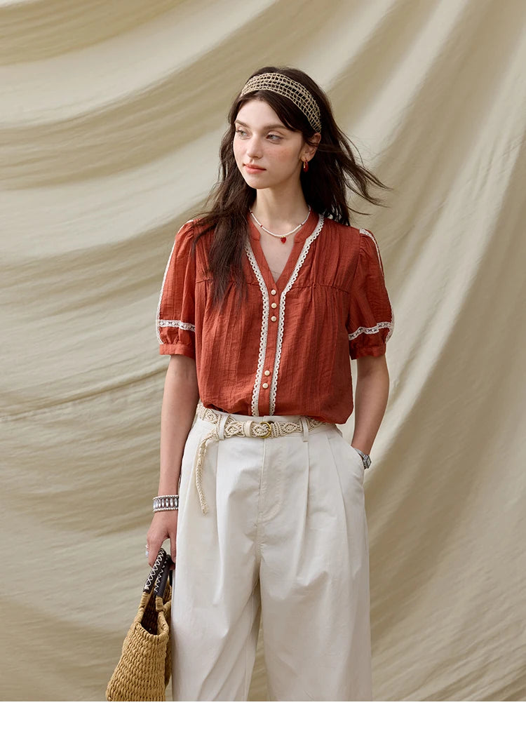 MISHOW French New Blouses Women Summer New 2025 Short Sleeve V-neck Color Matching Shirts Female Fashion Lazy Style MXE31X1766