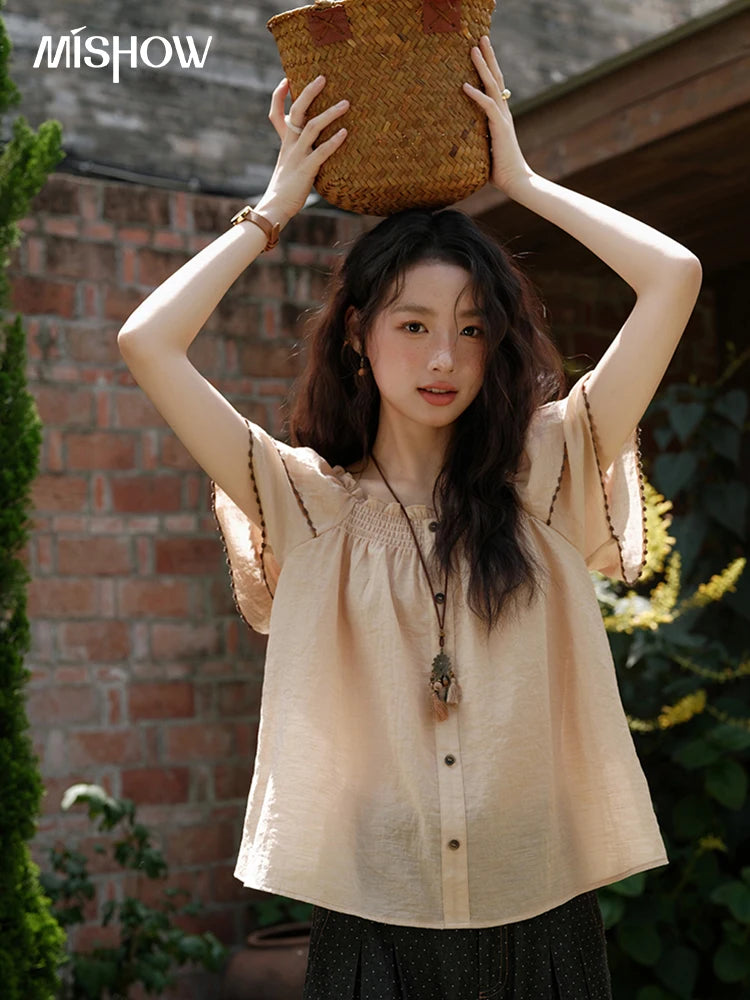 MISHOW Women's Fashion Butterfly Sleeve Blouse Summer 2025 New Loose Casual Square Neck Button Top Women's Clothing MXE37X1854